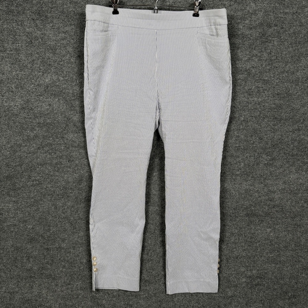 Chico's Sz 38 XL Pants Seersucker Button Hem Slim Ankle White Stripe Stretch‎